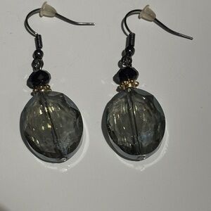 Smoky Crystal Drop Earrings with Black Bead and Gold Accents